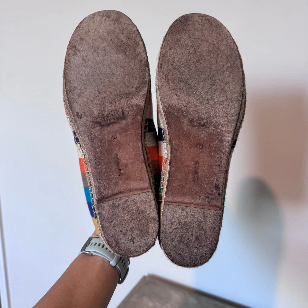 Celine Paris Striped Canvas Espadrille Loafers Multi Color Flats 40